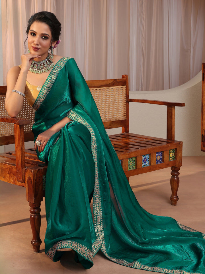Kelly Green Tissue Saree With Embellished Border