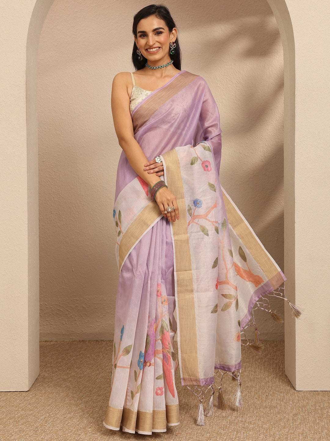 Lavender Embellished Silk Blend Saree With Unstitched Blouse Piece