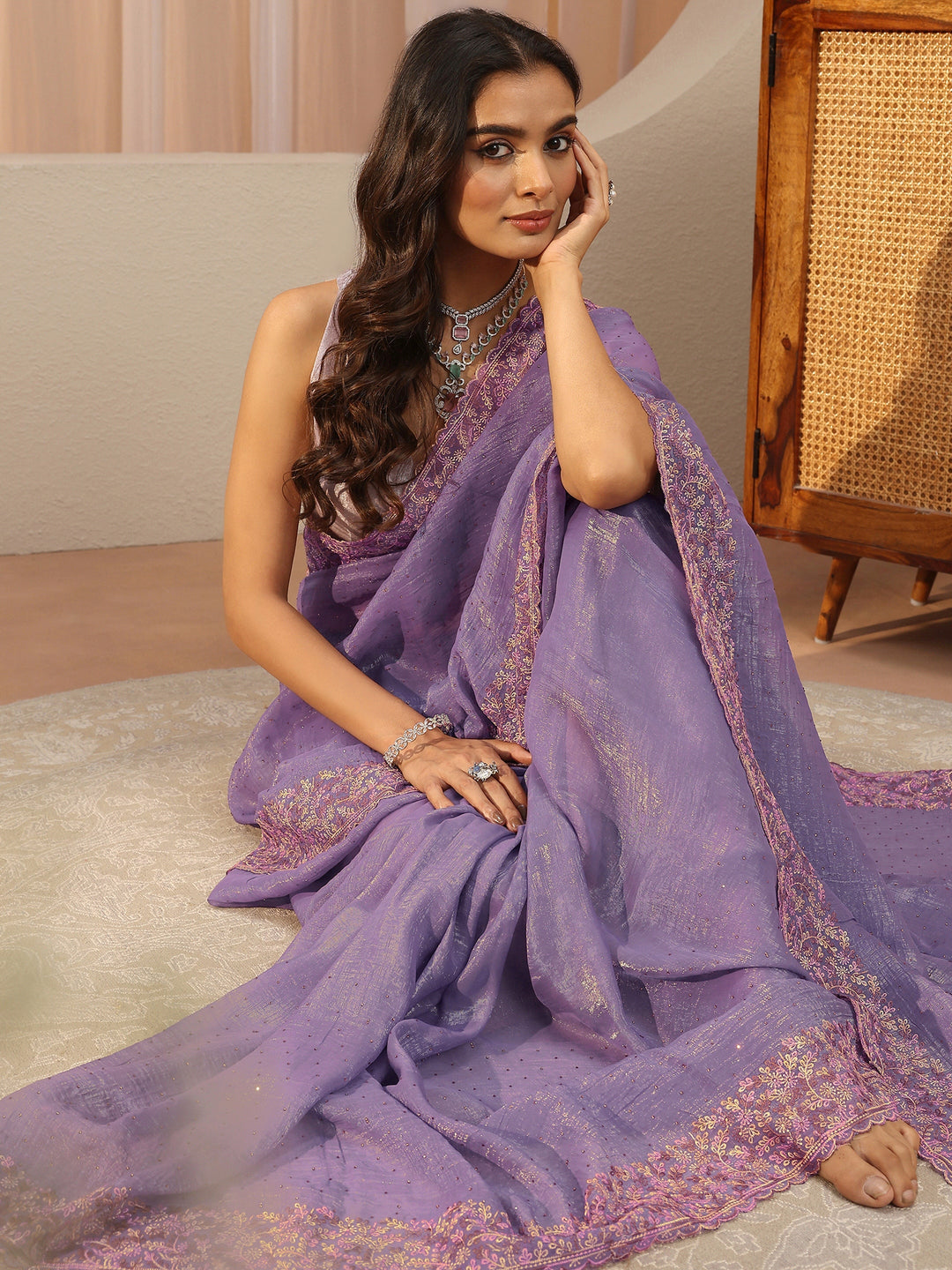 Lavender Embellished Tissue Saree