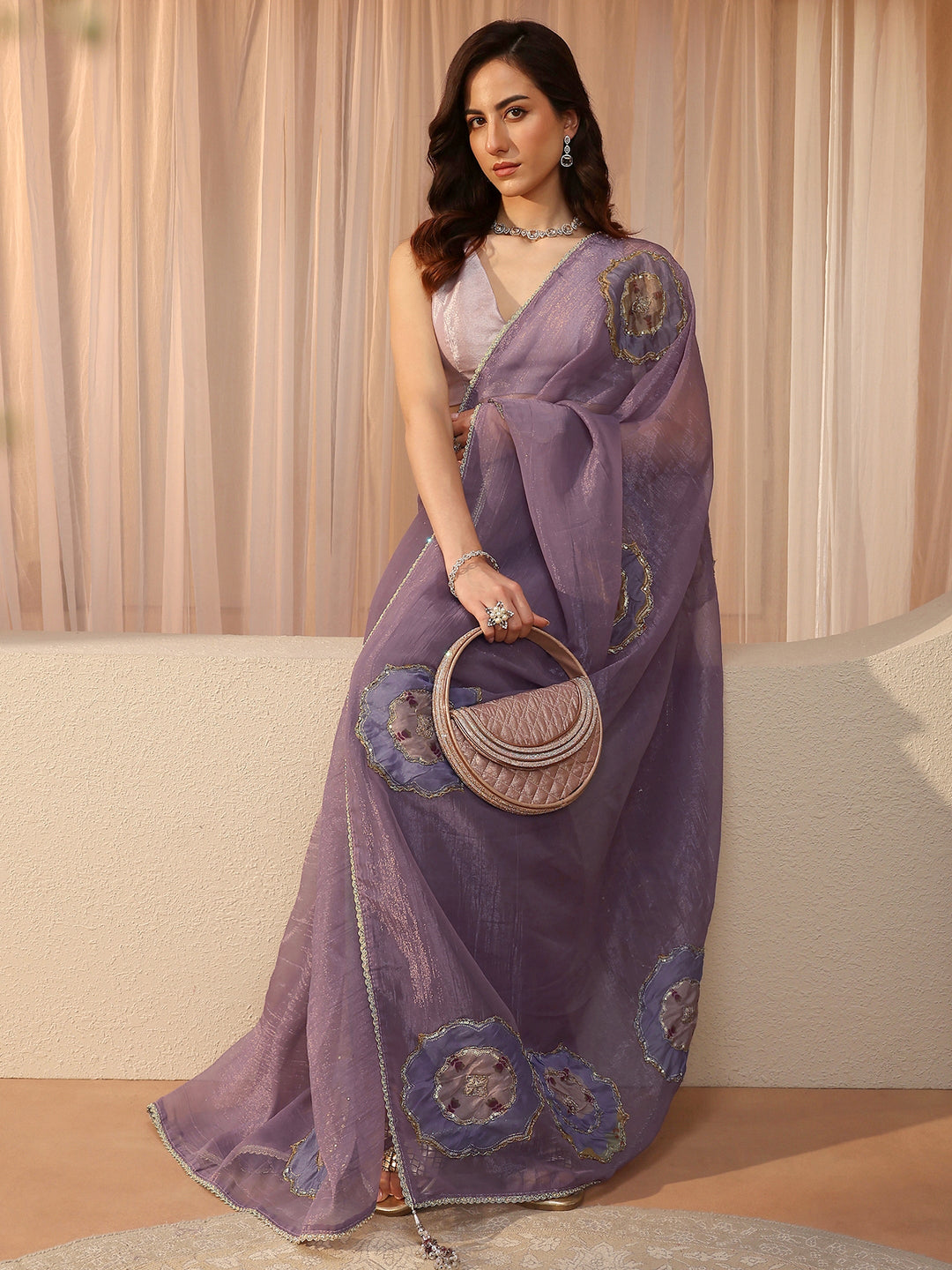 Lavender Embellished Tissue Saree