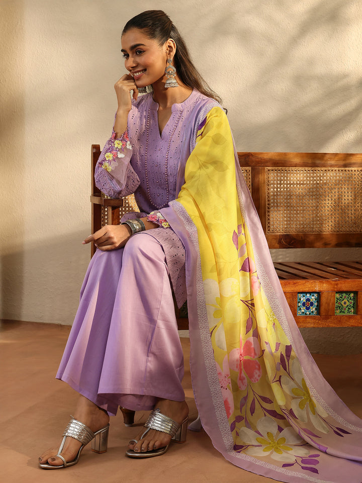 Lavender Embroidered Cotton Straight Suit Set With Dupatta