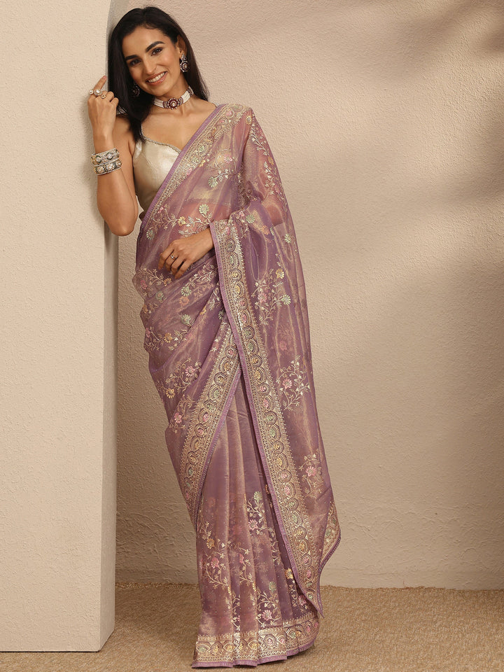 Lavender Embroidered Nylon Saree With Unstitched Blouse Piece