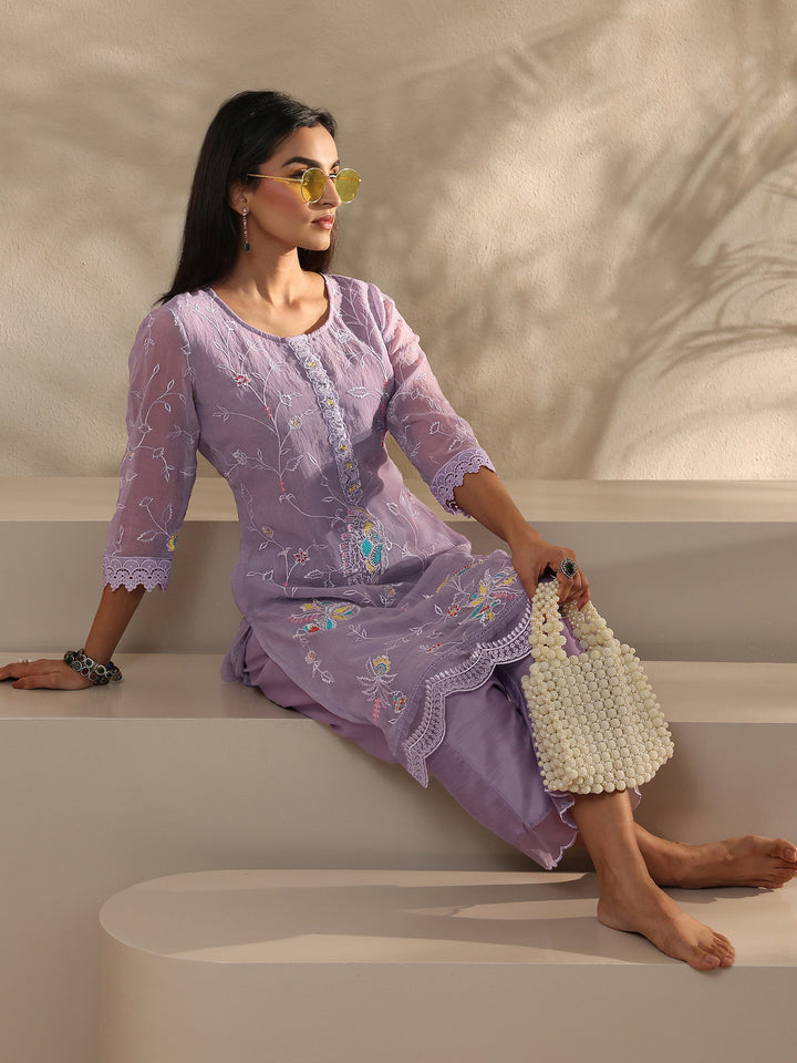 Lavender Embroidered Organza Kurta Set