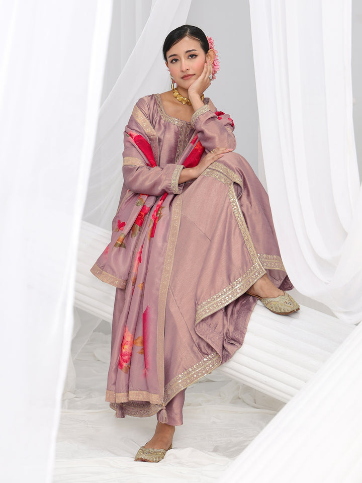 Lavender Embroidered Silk Blend A-Line Suit Set With Dupatta