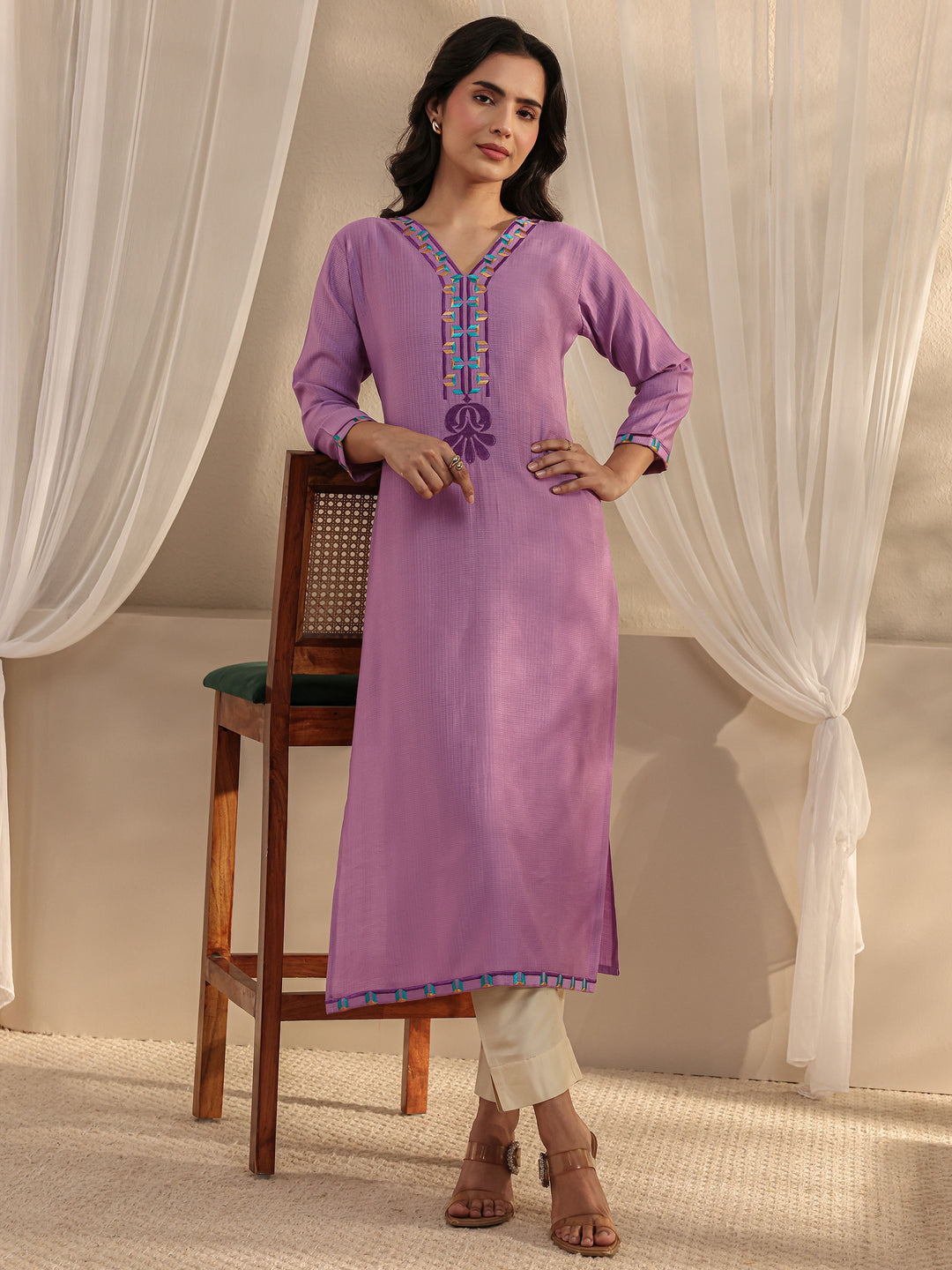Lavender Embroidered Silk Blend Straight Kurta