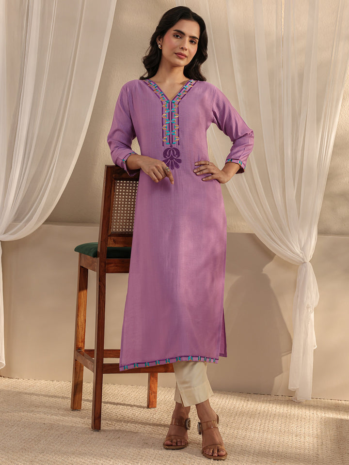 Lavender Embroidered Silk Blend Straight Kurta