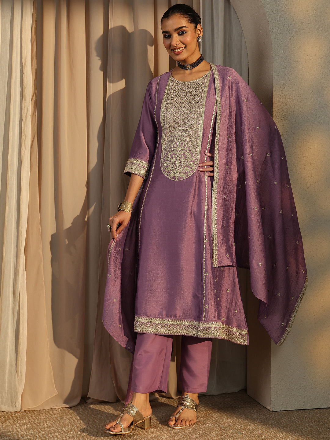 Lavender Embroidered Silk Blend Straight Suit Set With Dupatta