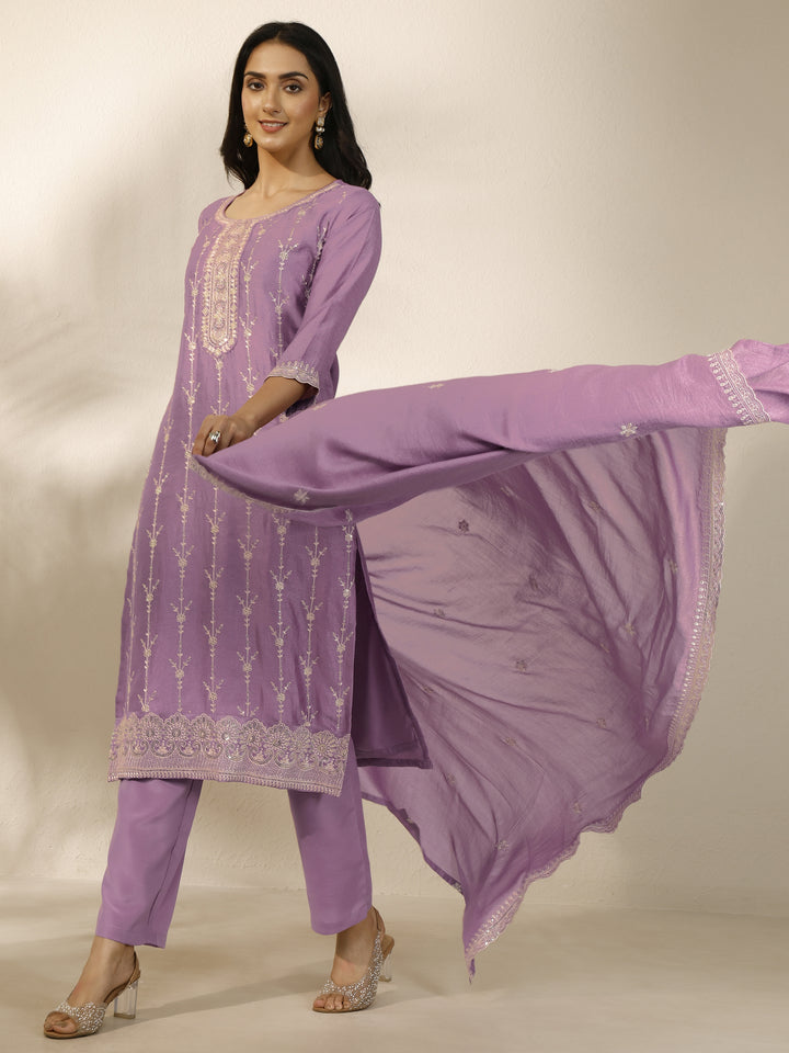Lavender Embroidered Silk Blend Straight Suit Set With Dupatta