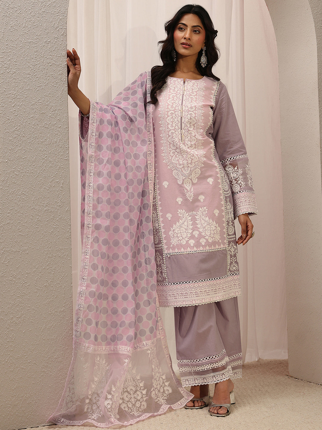 Lavender Ethnic Embroidered Cotton Straight Suit Set With Dupatta