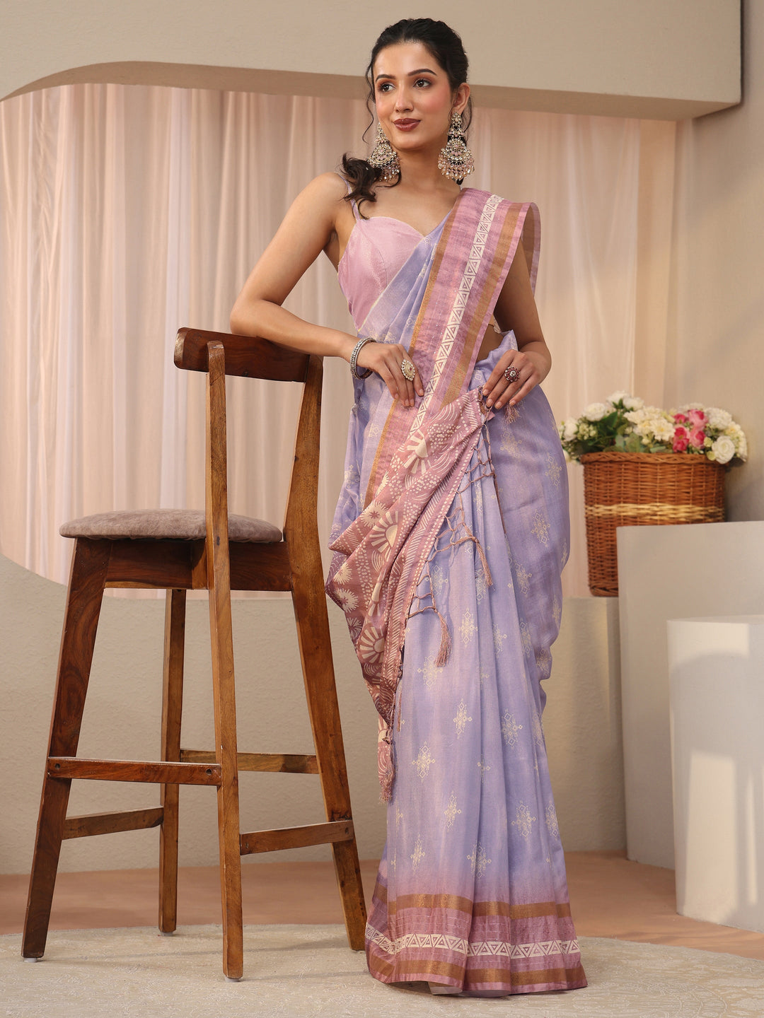 Lavender Ethnic Motif Printed Silk Blend Saree