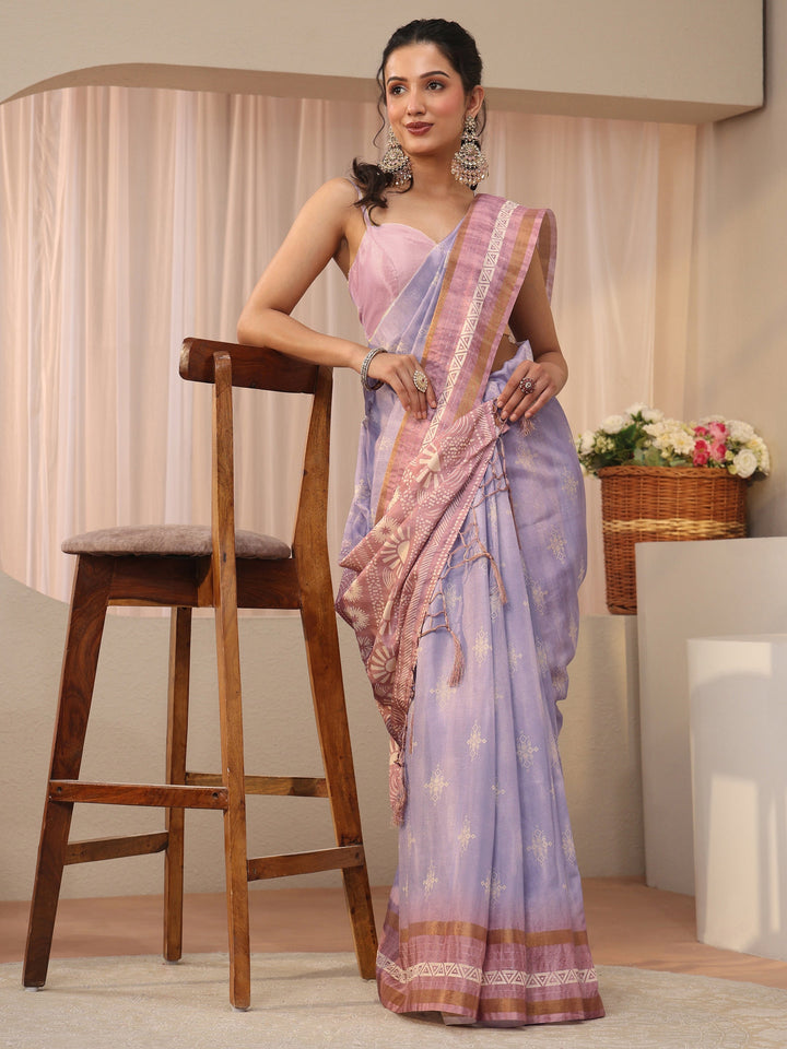 Lavender Ethnic Motif Printed Silk Blend Saree