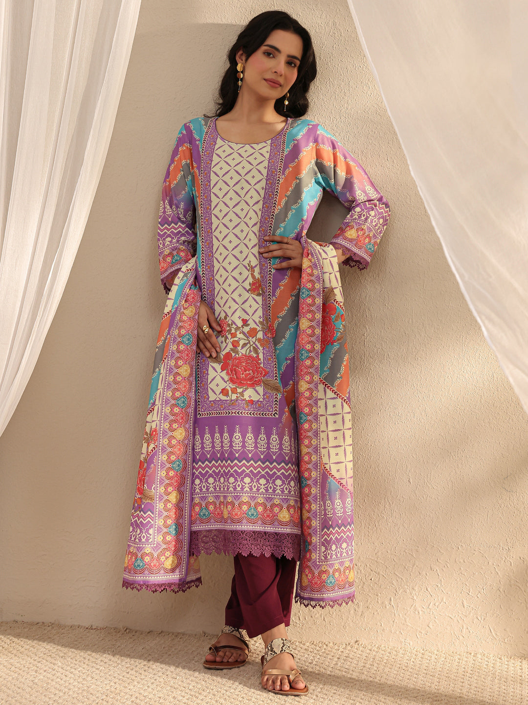 Lavender Ethnic Printed Crepe Straight Suit Set With Dupatta