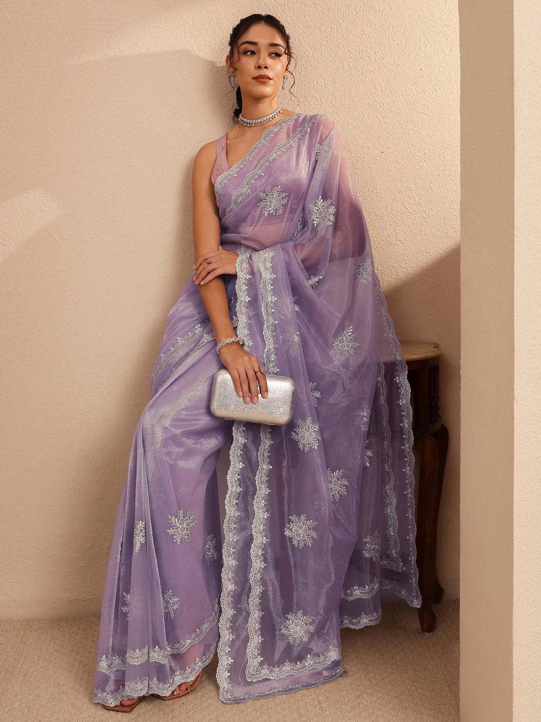 Libas Lavender Floral Embellished Net Saree