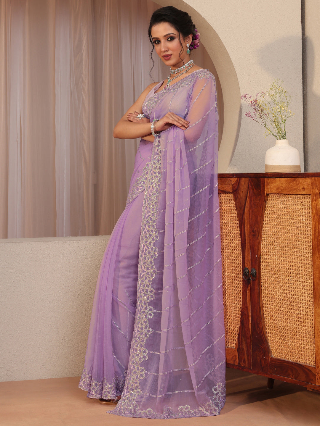 Lavender Floral Embellished Organza Saree