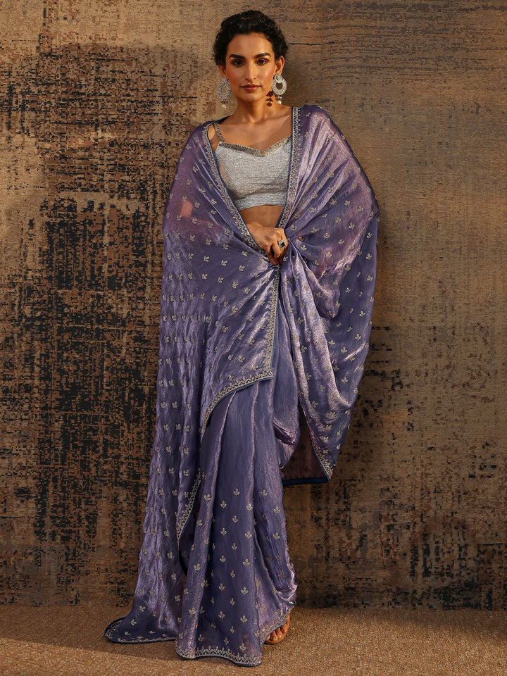 Lavender Floral Embellished Satin Saree With Unstitched Blouse Piece