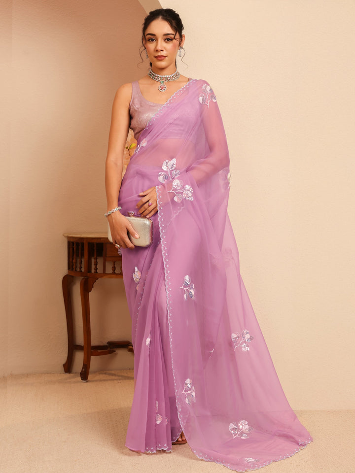Libas Lavender Floral Embellished Tissue Saree