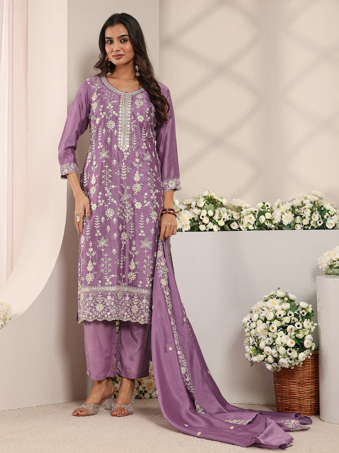 Lavender Floral Embroidered Silk Blend Straight Suit Set With Dupatta