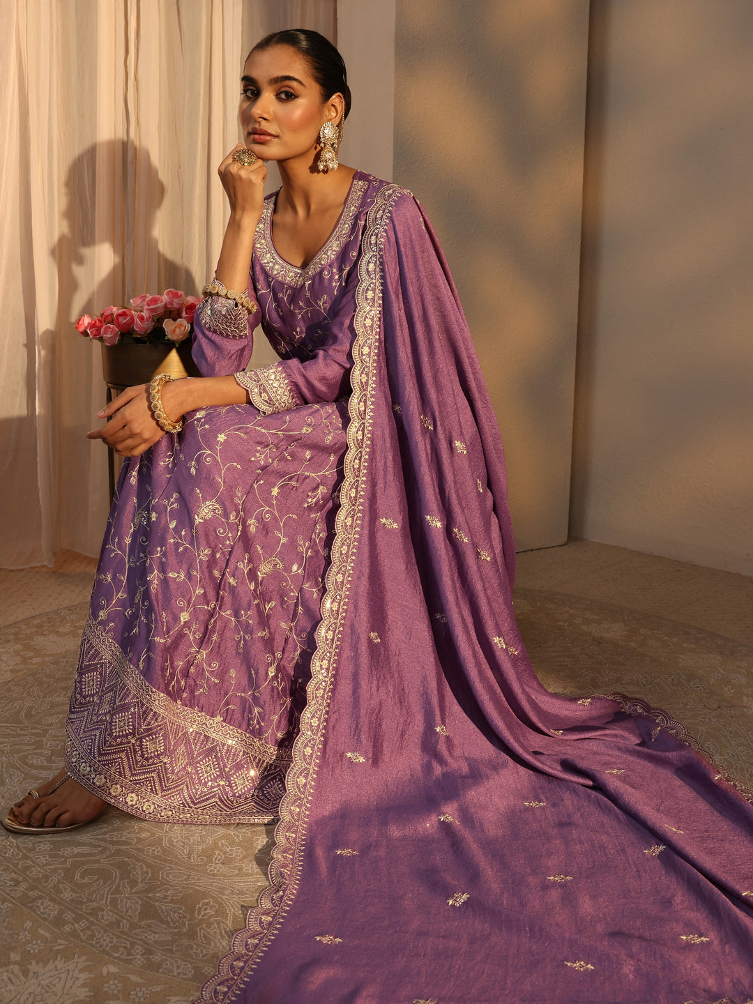 Lavender Floral Embroidered Silk Blend Straight Suit Set With Dupatta