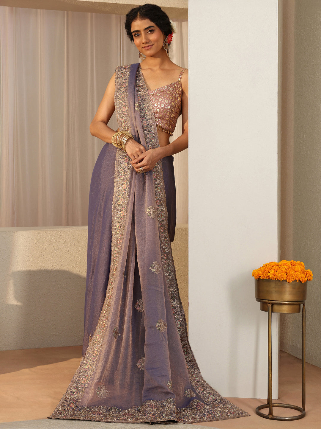 Lavender Floral Embroidered Tissue Saree