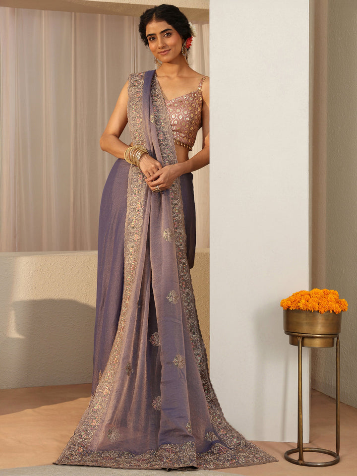 Lavender Floral Embroidered Tissue Saree