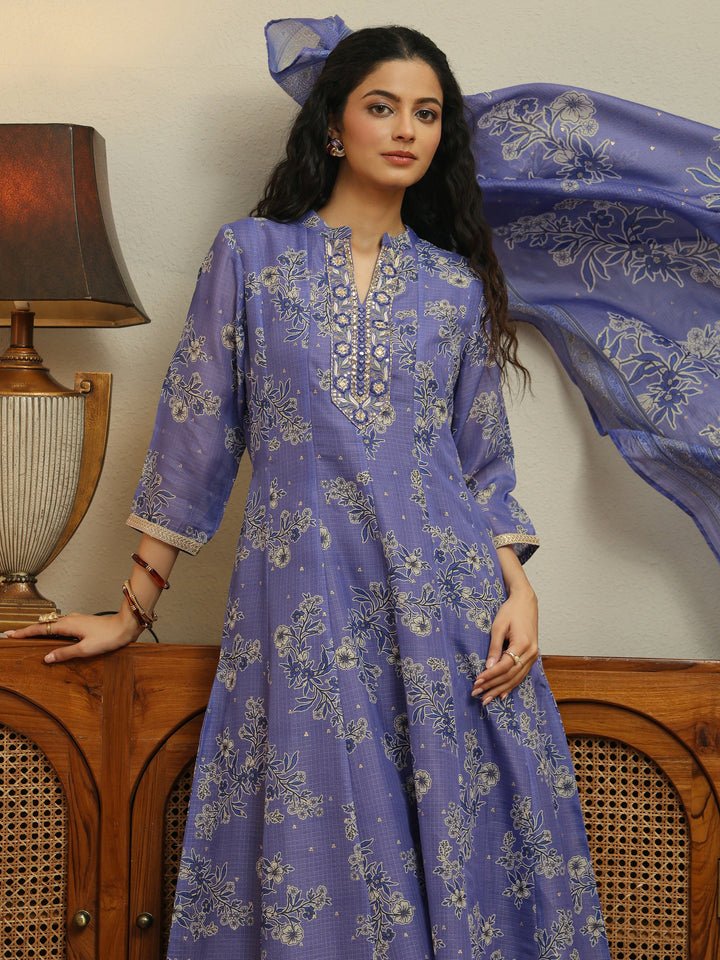 Lavender Floral Printed Chiffon Anarkali Suit Set