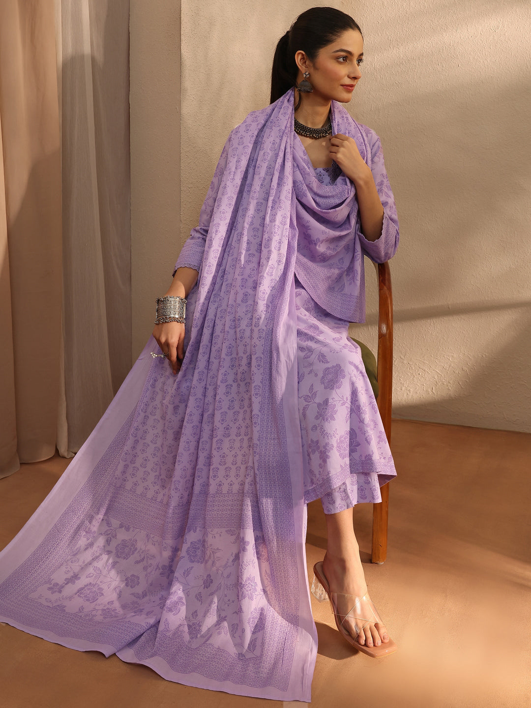 Lavender Floral Printed Cotton Blend Straight Suit Set With Dupatta