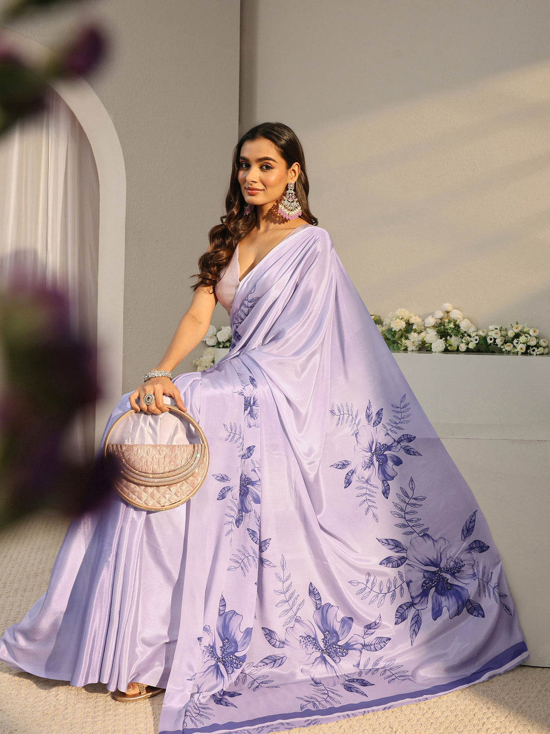Libas Lavender Floral Printed Satin Saree With Unstitched Blouse Piece