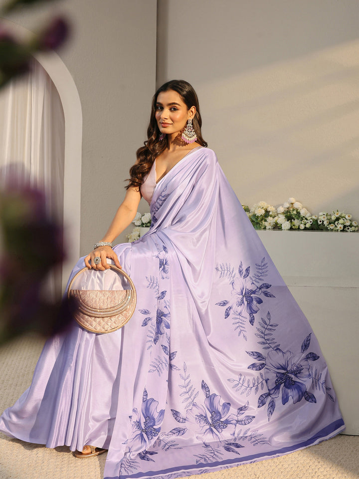 Libas Lavender Floral Printed Satin Saree With Unstitched Blouse Piece