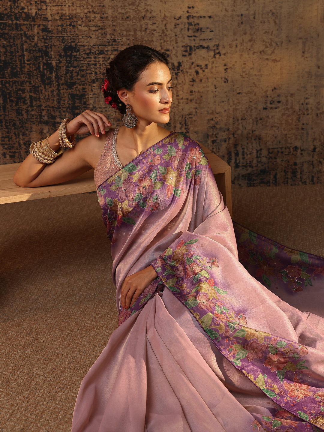 Lavender Floral Solid Tissue Saree With Unstitched Blouse Piece