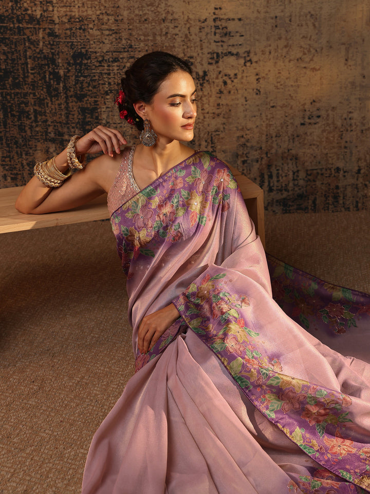 Lavender Floral Solid Tissue Saree With Unstitched Blouse Piece