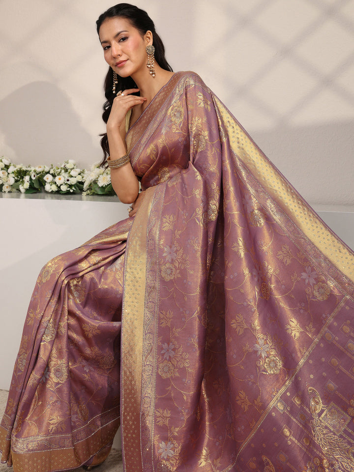 Lavender Floral Woven Design Silk Blend Saree With Unstitched Blouse Piece