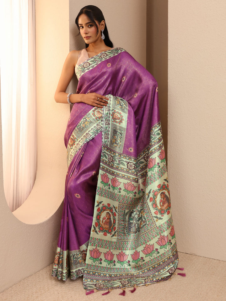 Libas Lavender Madhubani Print Silk Blend Saree