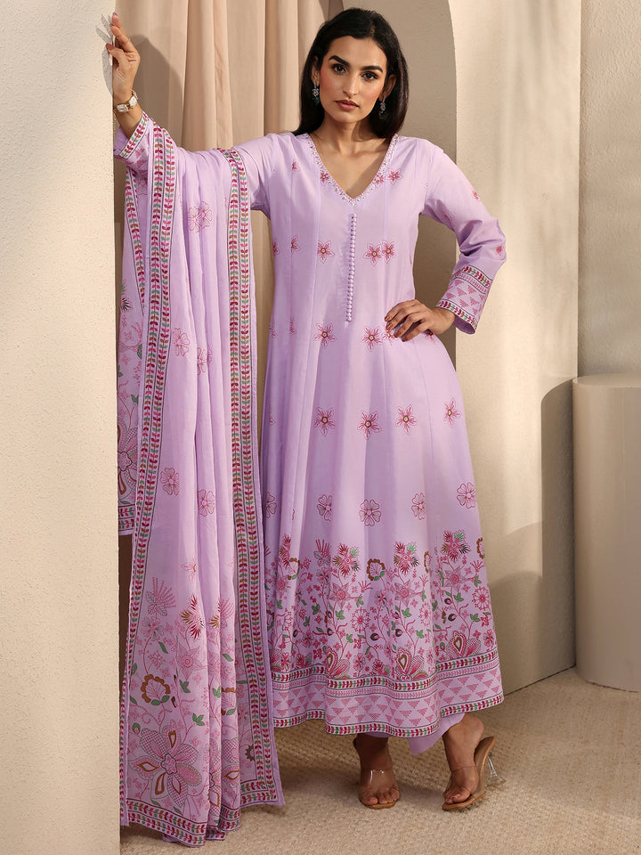 Lavender Printed Cotton Anarkali Suit Set With Dupatta