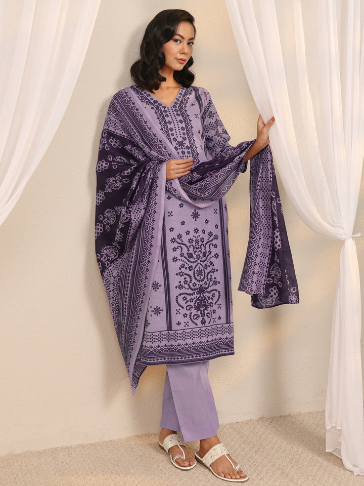 Lavender Printed Cotton Blend Straight Suit Set With Dupatta