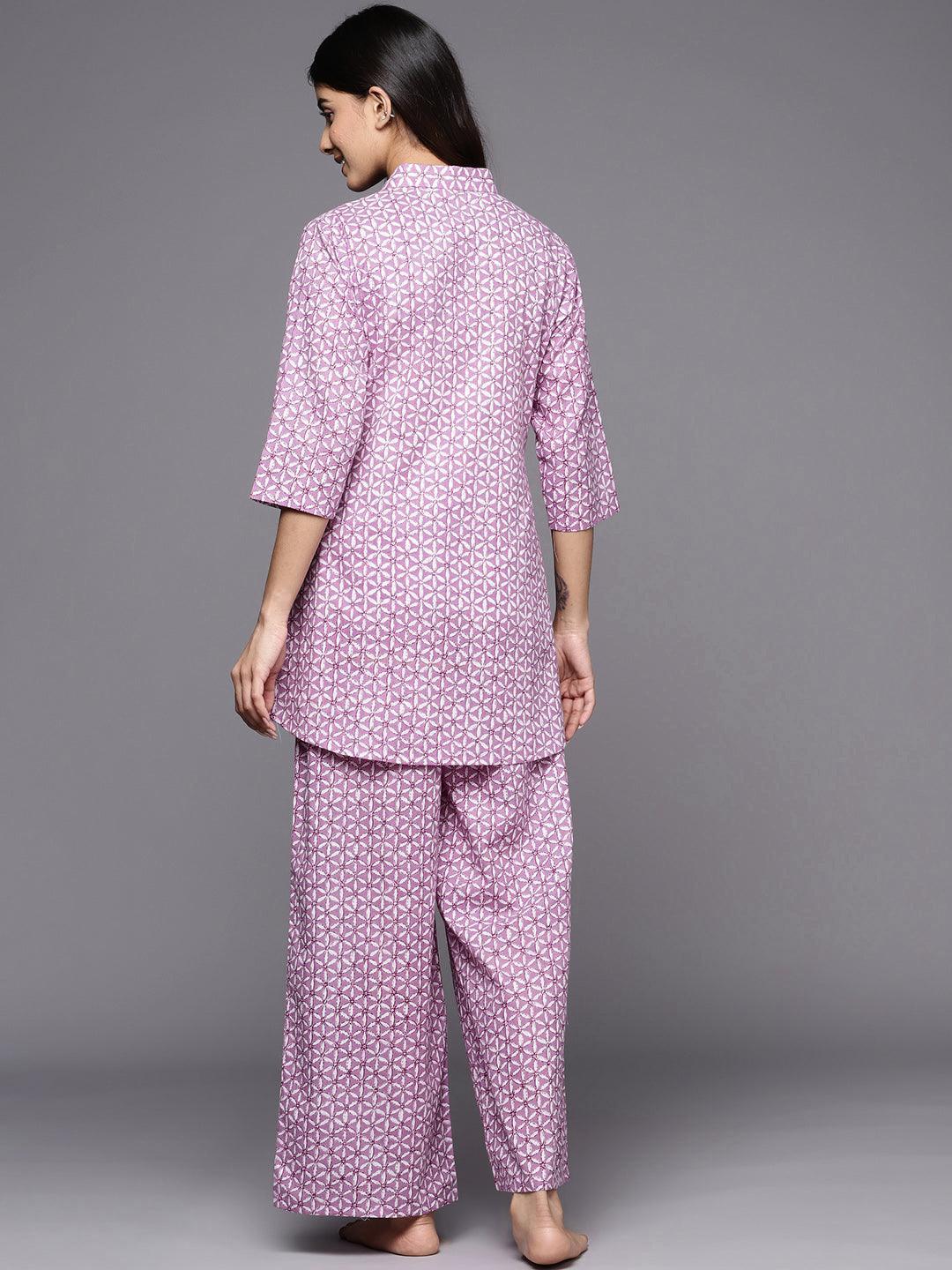 Lavender Printed Cotton Night Suit - ShopLibas 