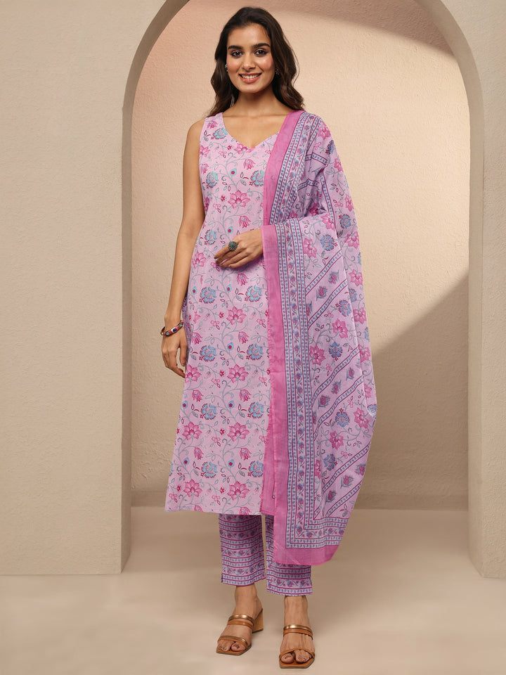 Lavender Printed Cotton Straight Suit Set With Dupatta