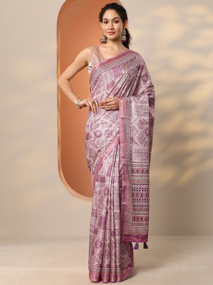 Lavender Printed Silk Blend Saree With Unstitched Blouse Piece