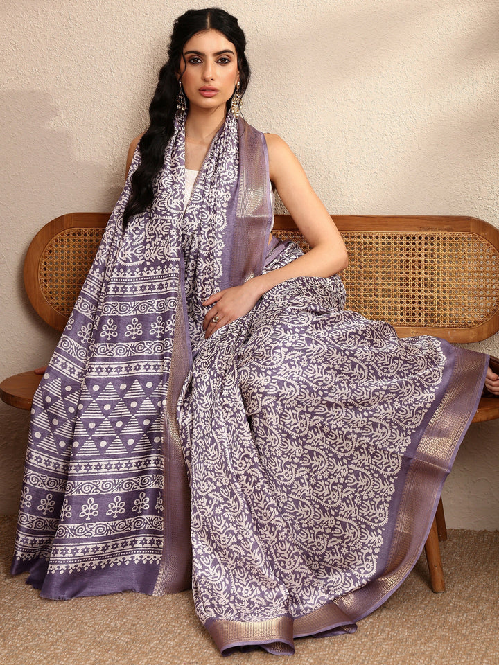Lavender Printed Silk Blend Saree With Unstitched Blouse Piece
