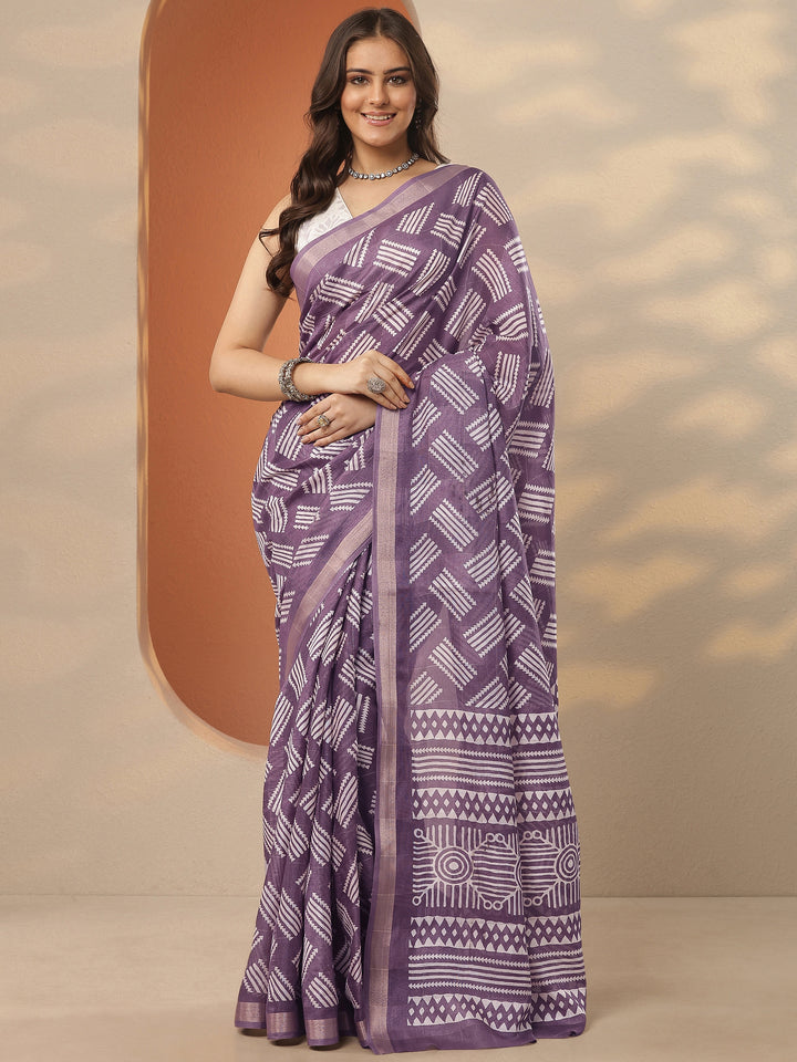 Lavender Printed Silk Blend Saree With Unstitched Blouse Piece