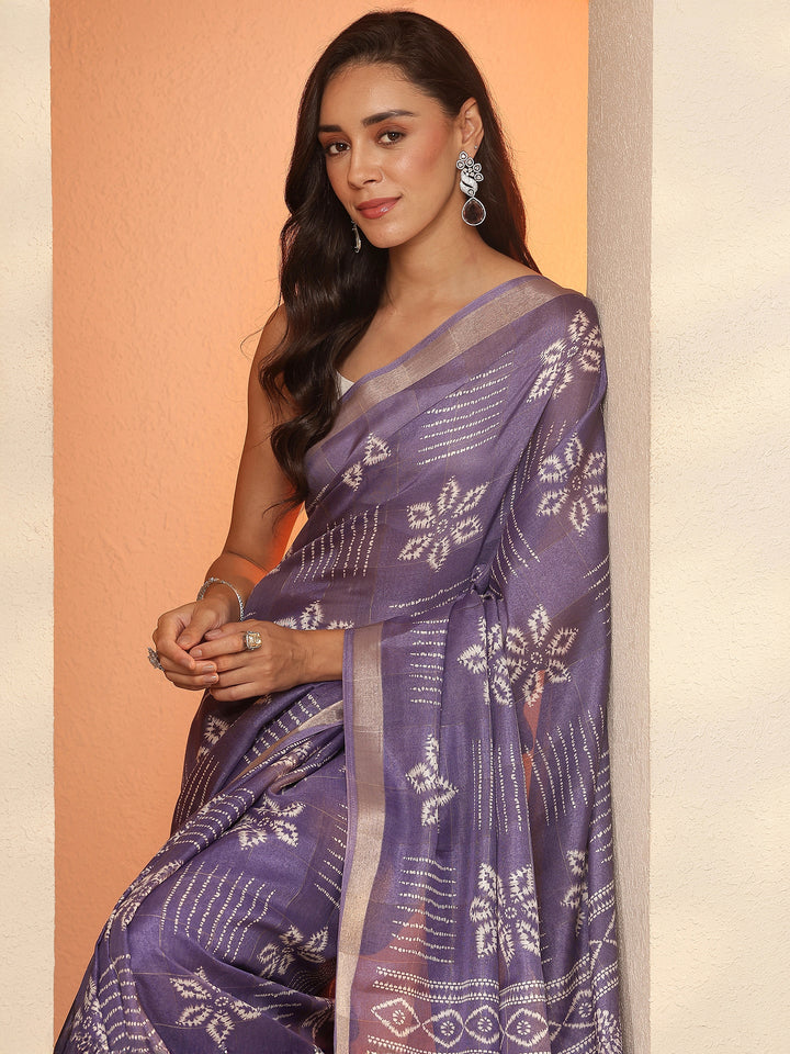 Lavender Printed Silk Blend Saree With Unstitched Blouse Piece