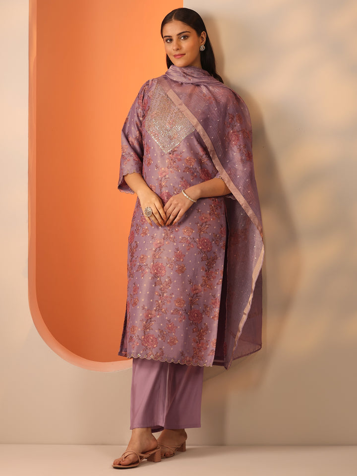 Lavender Printed Silk Blend Straight Suit Set With Dupatta