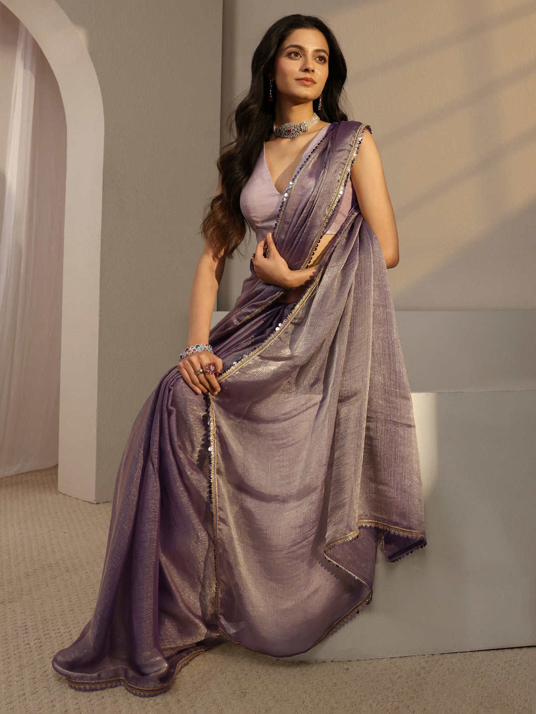Lavender Solid Chiffon Saree With Unstitched Blouse Piece