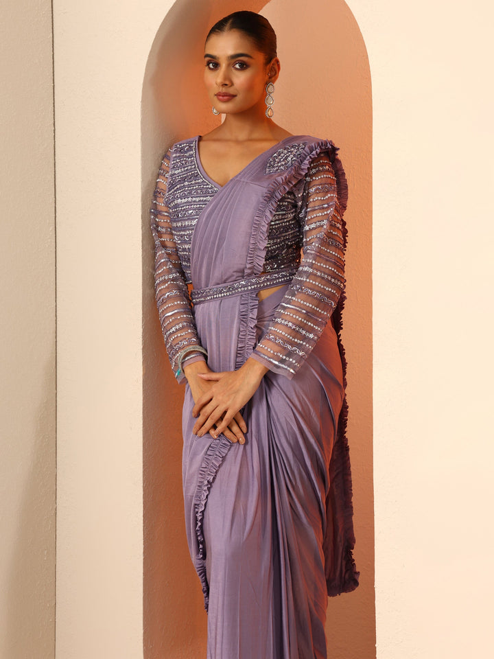 Lavender Solid Nylon Saree With Unstitched Blouse Piece