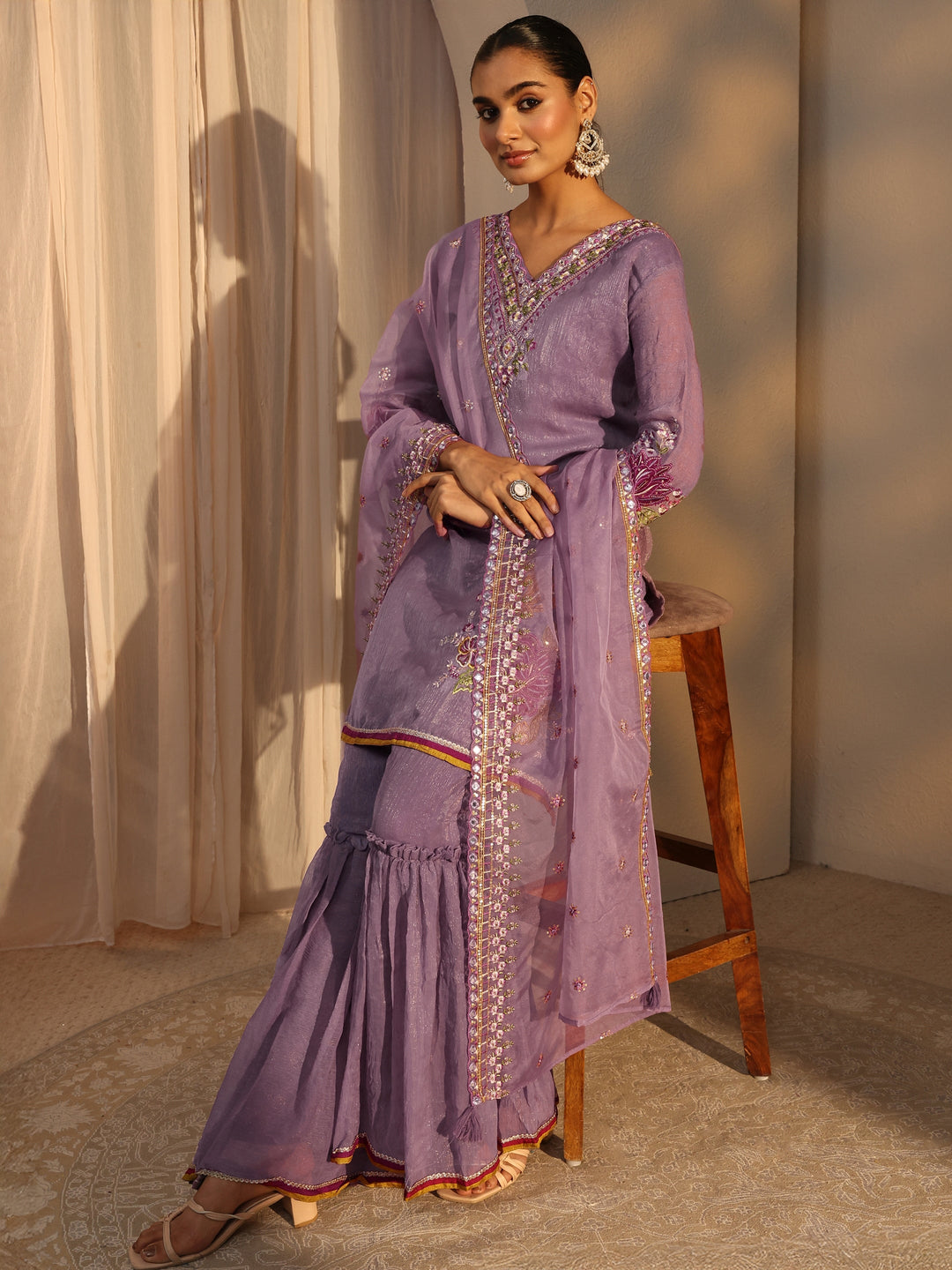 Lavender Woven Design Chiffon Straight Suits Set With Dupatta