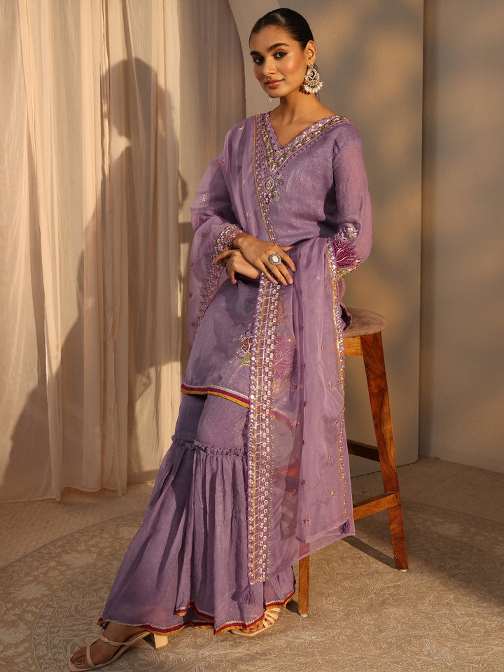Lavender Woven Design Chiffon Straight Suits Set With Dupatta