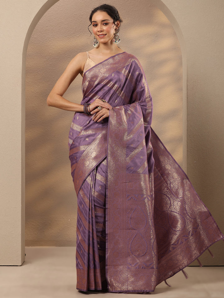 Lavender Woven Design Silk Blend Saree With Unstitched Blouse Piece