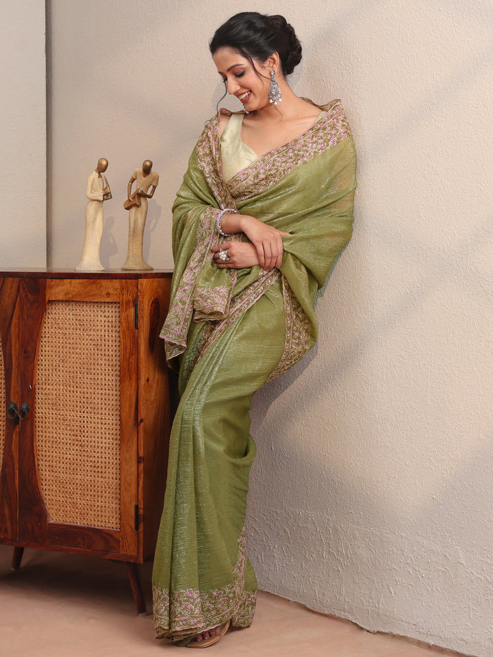 Leaf Green Tissue Saree With Embroidered Border