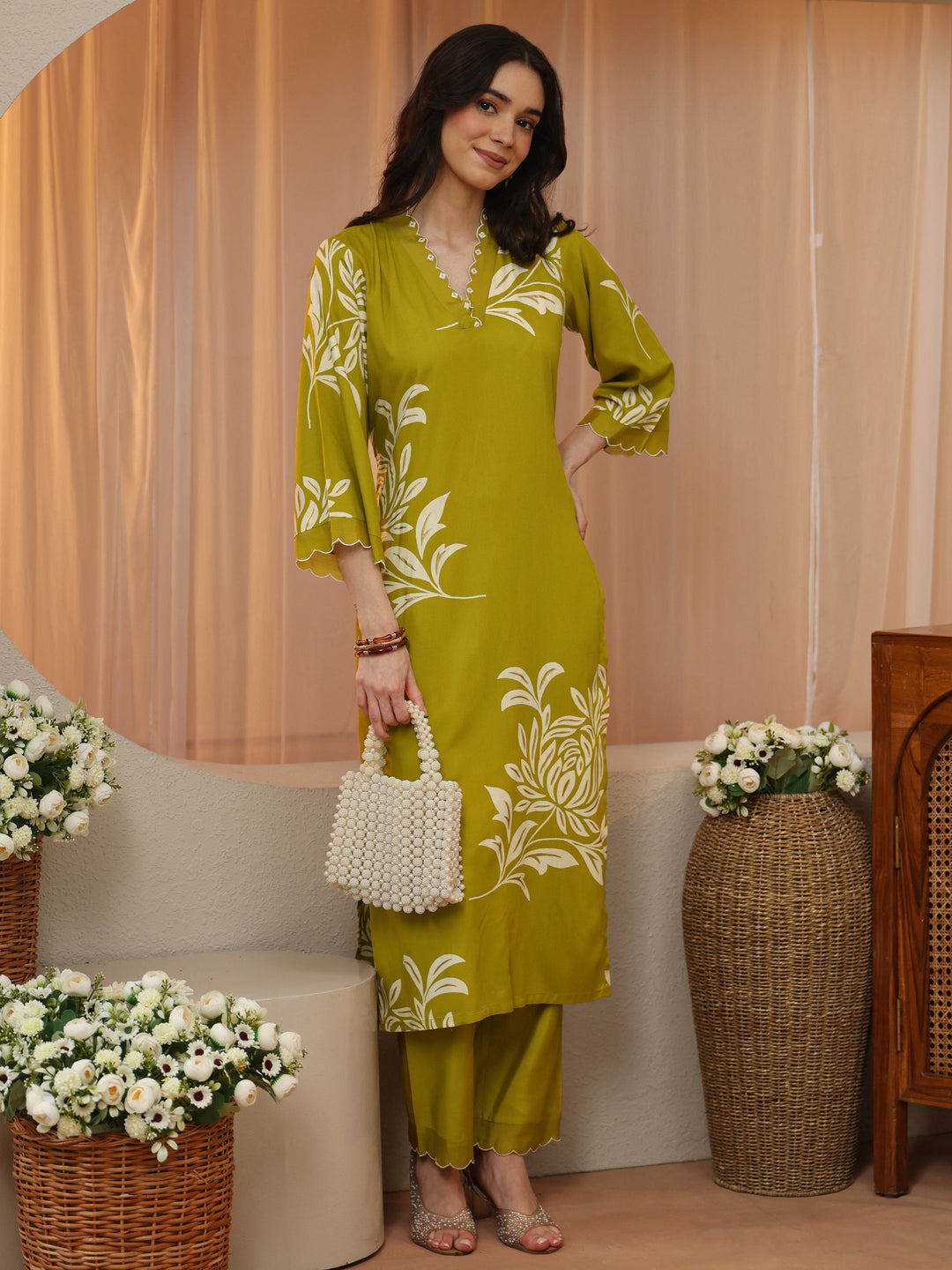Lemon Green Floral Printed Rayon Straight Kurta Set