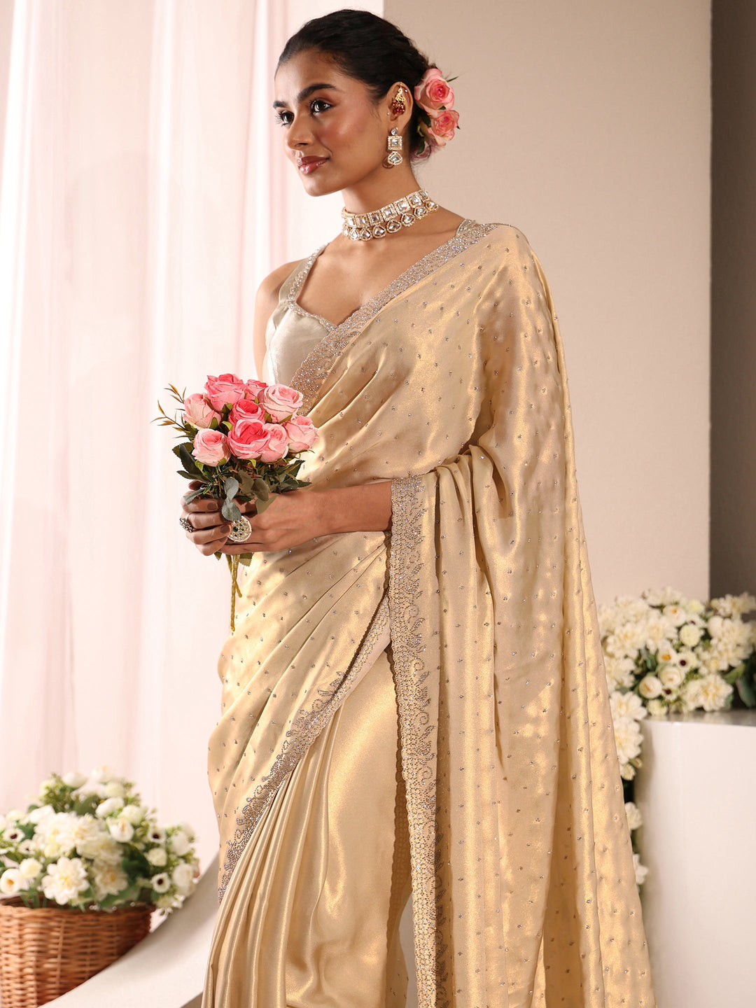 Libas Art Beige Embellished Satin Saree With Unstitched Blouse Piece