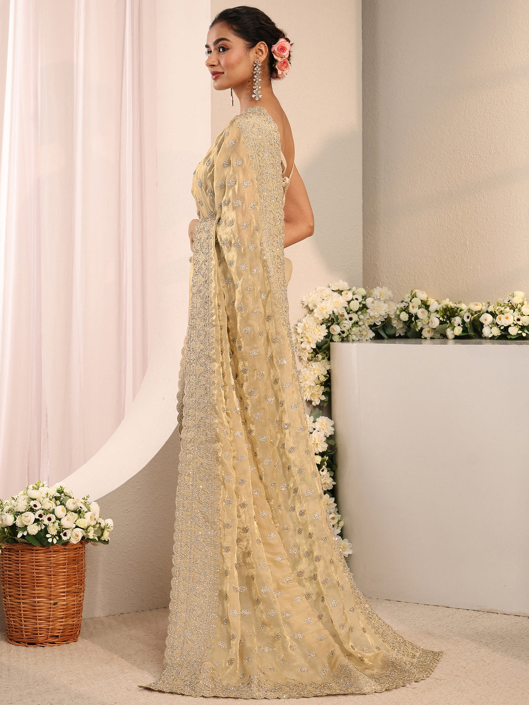 Libas Art Beige Embellished Tissue Saree With Unstitched Blouse Piece